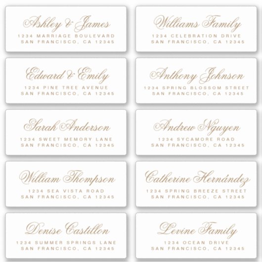 Chic Gold Calligraphy Wedding Guest Adresetiketten Sticker (Voorkant)