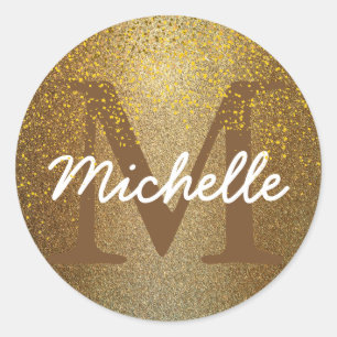 Chic Gold Confetti Monogramme Nom Sticker rond