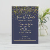 Chic gold confetti navy blue save the date bruilof (Staand voorkant)