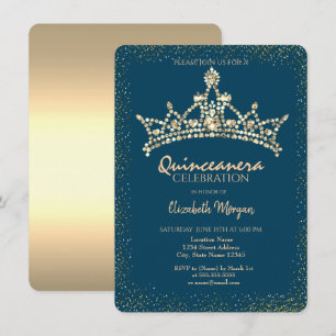Chic Gold Diamonds Crown Blue Quinceañera Kaart