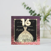 Chic Gold Dress Glitter Burgundy Sweet 16 Kaart (Staand voorkant)