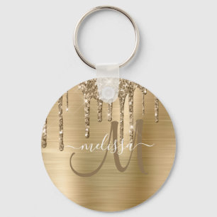Chic Gold Dripping Glitter Brushed Metal Monogram Sleutelhanger