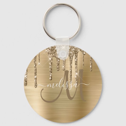 Chic Gold Dripping Glitter Brushed Metal Monogram Sleutelhanger (Voorkant)