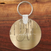 Chic Gold Dripping Glitter Brushed Metal Monogram Sleutelhanger (Voorkant)