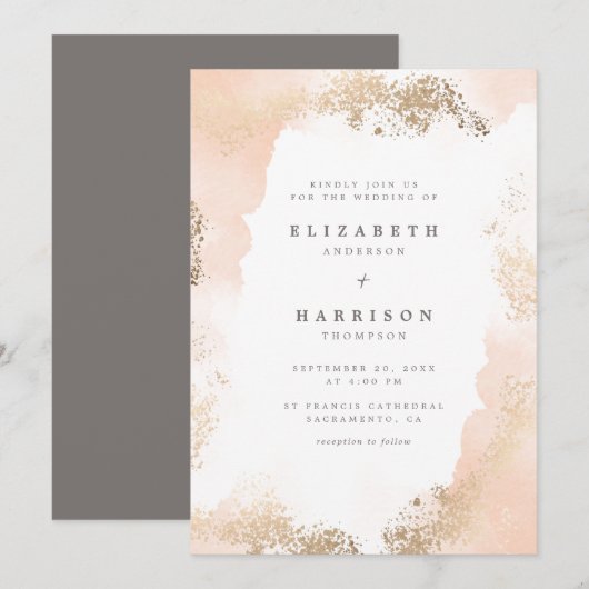 Chic Gold Dust & Blush Waterverf Wedding Kaart (Voorkant / Achterkant)