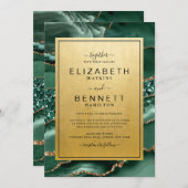 Chic Gold Emerald Green Agaat bruiloft uitnodiging (Voorkant / Achterkant)