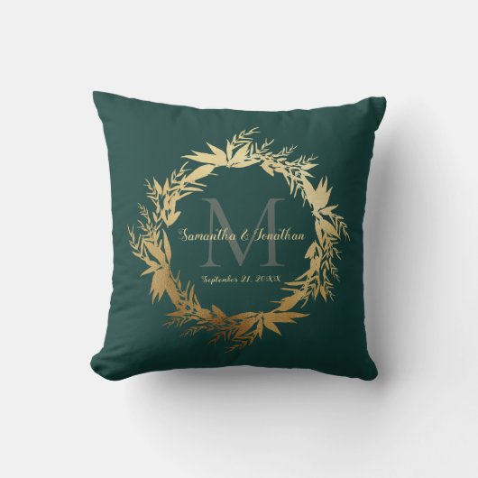 Chic Gold Emerald Green Monogram Wedding Keepslag Kussen (Voorkant)