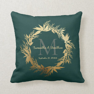 Chic Gold Emerald Green Monogram Wedding Keepslag Kussen