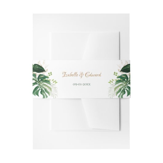 Chic Gold en Green Tropical Monstera Leaves Weddin Uitnodigingen Wikkel (Voorkant Voorbeeld)