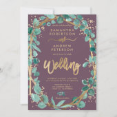 Chic Gold eucalyptus paars fotoscript bruiloft Kaart (Voorkant)