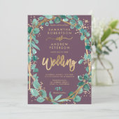 Chic Gold eucalyptus paars fotoscript bruiloft Kaart (Staand voorkant)