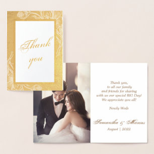 Chic Gold Faux Metal Photo Weddenschap Echt bedank Folie Kaarten