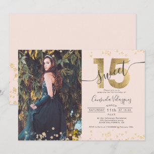 Chic gold foil confetti foto blush Quinceanera Kaart