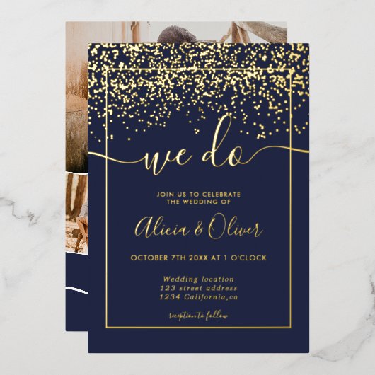 Chic gold foil navy blue initialen bruiloft folie uitnodiging (Voorkant / Achterkant)