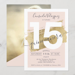 Chic Gold foil pushslag blush quinceanera foto Kaart