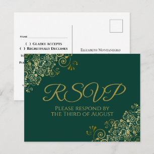 Chic Gold Frills op Emerald Green Wedding RSVP Briefkaart
