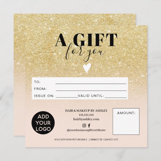 Chic gold glitter blush roze gift certificate logo (Voorkant / Achterkant)