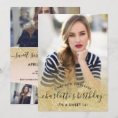 Chic Gold glitter blush script foto's Sweet 16 Kaart (Voorkant / Achterkant)