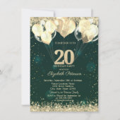 Chic Gold Glitter Confetti Balloons Green 20th Kaart (Voorkant)