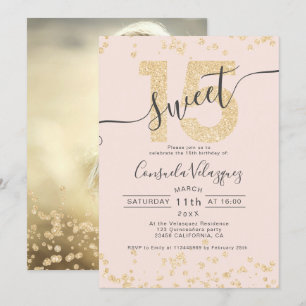 Chic gold glitter confetti blush Quinceanera foto Kaart