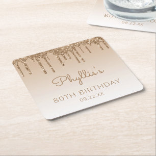 Chic Gold Glitter Drip 80th Birthday Party Vierkante Kartonnen Onderzetter