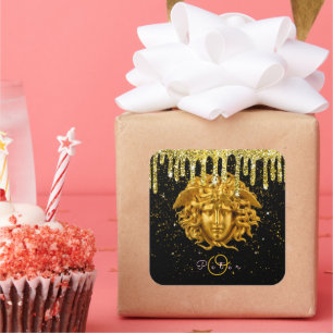 Chic Gold Glitter Drip Medusa Script Haute Couture Vierkante Sticker