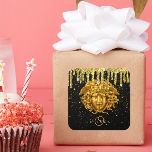 Chic Gold Glitter Drip Medusa Script Haute Couture Vierkante Sticker (Feest)
