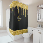Chic Gold Glitter Druppel Sparkle Zwart Monogram N Douchegordijn (In situ)
