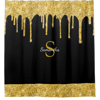 Chic Gold Glitter Druppel Sparkle Zwart Monogram N Douchegordijn