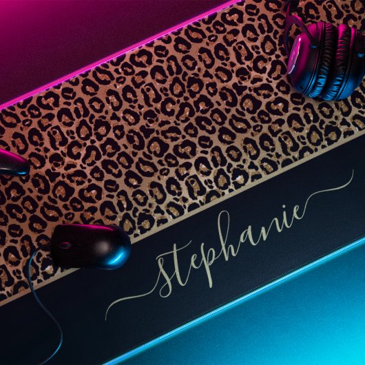 Chic Gold Glitter Leopard Animal Print Monogram Bureaumat