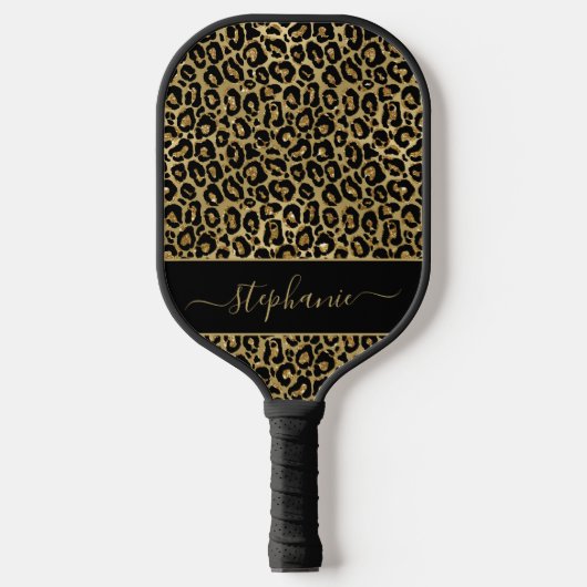 Chic Gold Glitter Leopard Animal Print Monogram Pickleball Paddle (Voorkant)