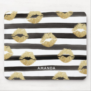 Chic Gold Glitter Lips & Black Stripes Monogram Muismat
