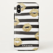 Chic Gold Glitter Lips & Stripes Monogram Case-Mate iPhone Case (Achterkant)