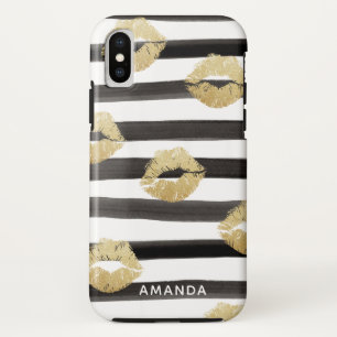 Chic Gold Glitter Lips & Stripes Monogram iPhone XS Hoesje