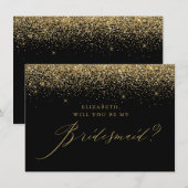 Chic Gold Glitter Script Black Bridesmaid Kaart (Voorkant / Achterkant)