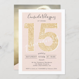 Chic gold glitter script blush quinceanera foto kaart