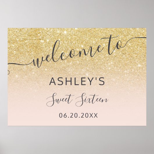 Chic gold glitter welkome zwarte roze 16 poster (Voorkant)