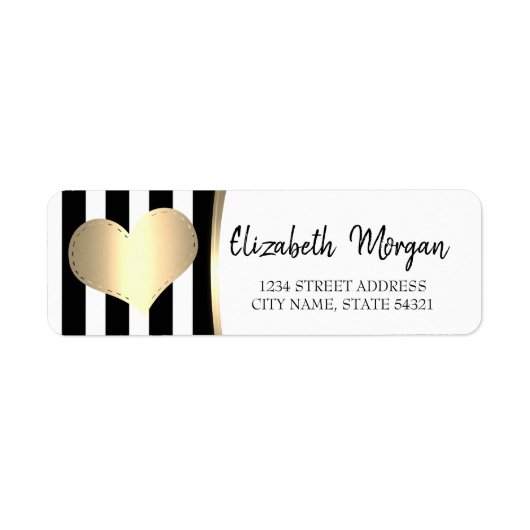 Chic Gold Heart, Black Stripes Address Label (Voorkant)