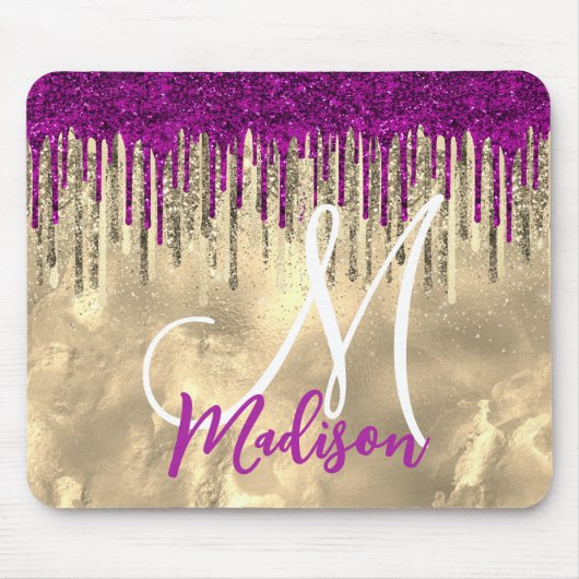 Chic gold, hot roze paarse glitter druppelt monogr muismat (Voorkant)