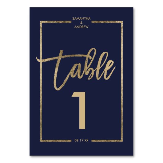 Chic gold lijst script navy blue table number kaart (Voorkant)