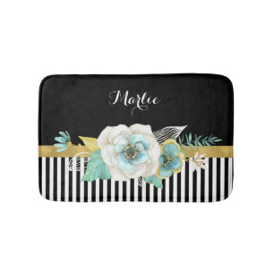 Chic Gold Mint Flowers met zwarte strepen en naam Badmat