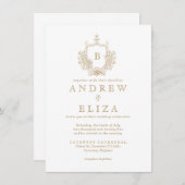 Chic Gold Monogram Crest Wedding Uitnodiging (Voorkant / Achterkant)