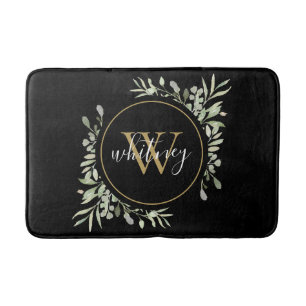 Chic Gold Monogram Elegant Script Greenery Black Badmat