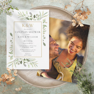Chic Gold Monogram Greenery Photo Couples Shower Kaart
