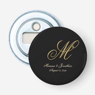 Chic Gold Monogram Script Black Wedding Button Flesopener
