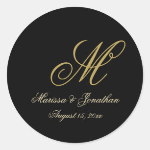 Chic Gold Monogram Script Black Wedding Ronde Sticker