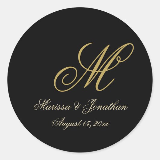 Chic Gold Monogram Script Black Wedding Ronde Sticker (Voorkant)