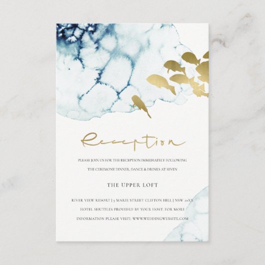 CHIC GOLD NAVY UNDERWATER FISH WEDDING RECEPT INFORMATIEKAARTJE (Voorkant)
