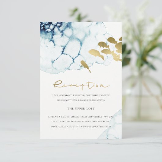 CHIC GOLD NAVY UNDERWATER FISH WEDDING RECEPT INFORMATIEKAARTJE (Staand voorkant)