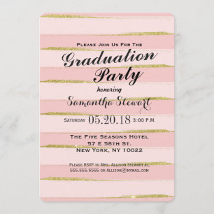Chic Gold Pink Stripes Graduation Party Invitation Kaart
